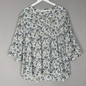 Rose + Olive Womens Top 1X White Floral Henley Blouse Cottagecore Boho Prairie